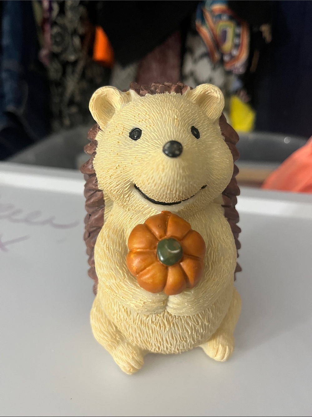 Cute Hedgehog Figurine Holding Pumpkin - Cream & Brown
